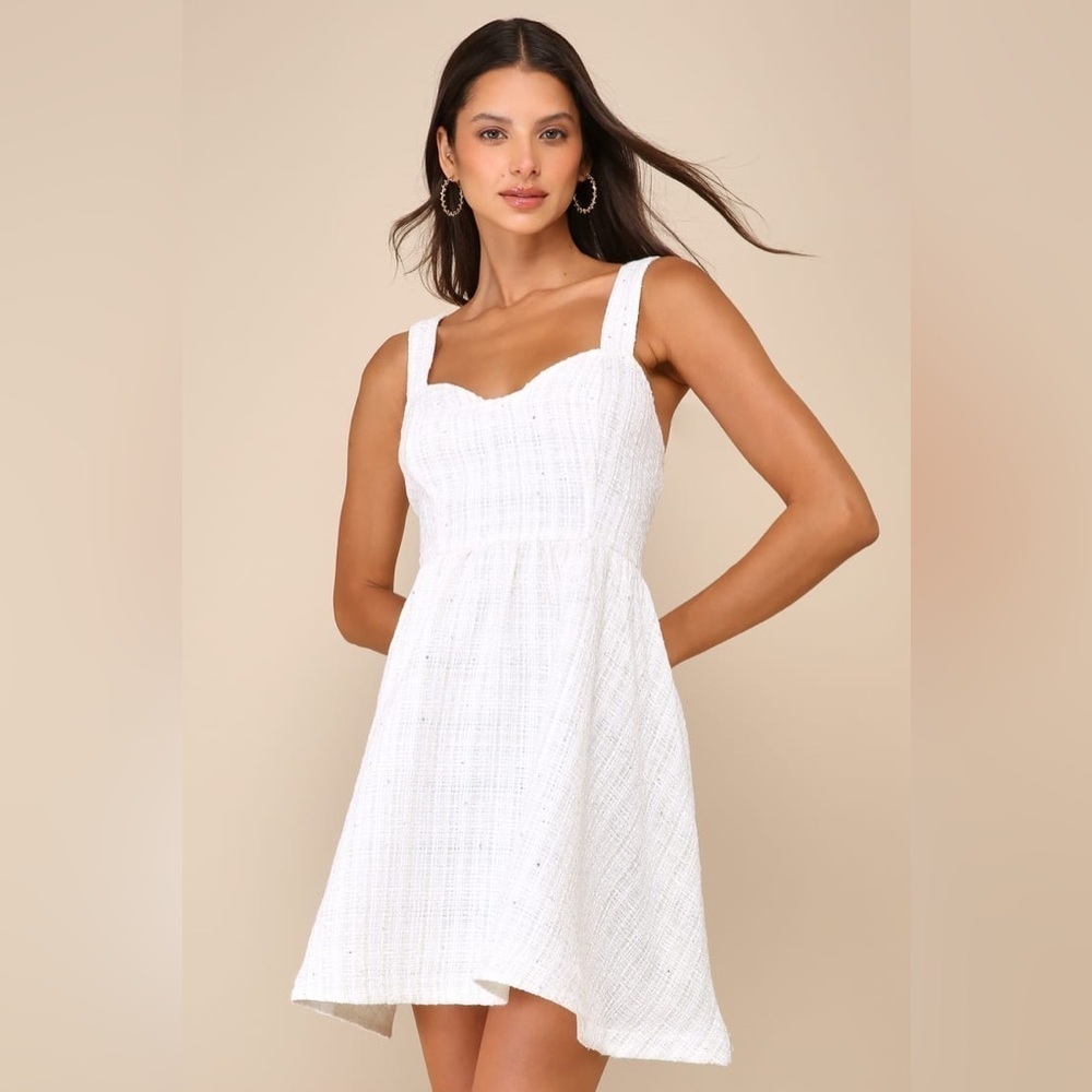 NWT Lulus Charming Pose Ivory Tweed Sequin Mini Dress size M - Picture 4 of 13